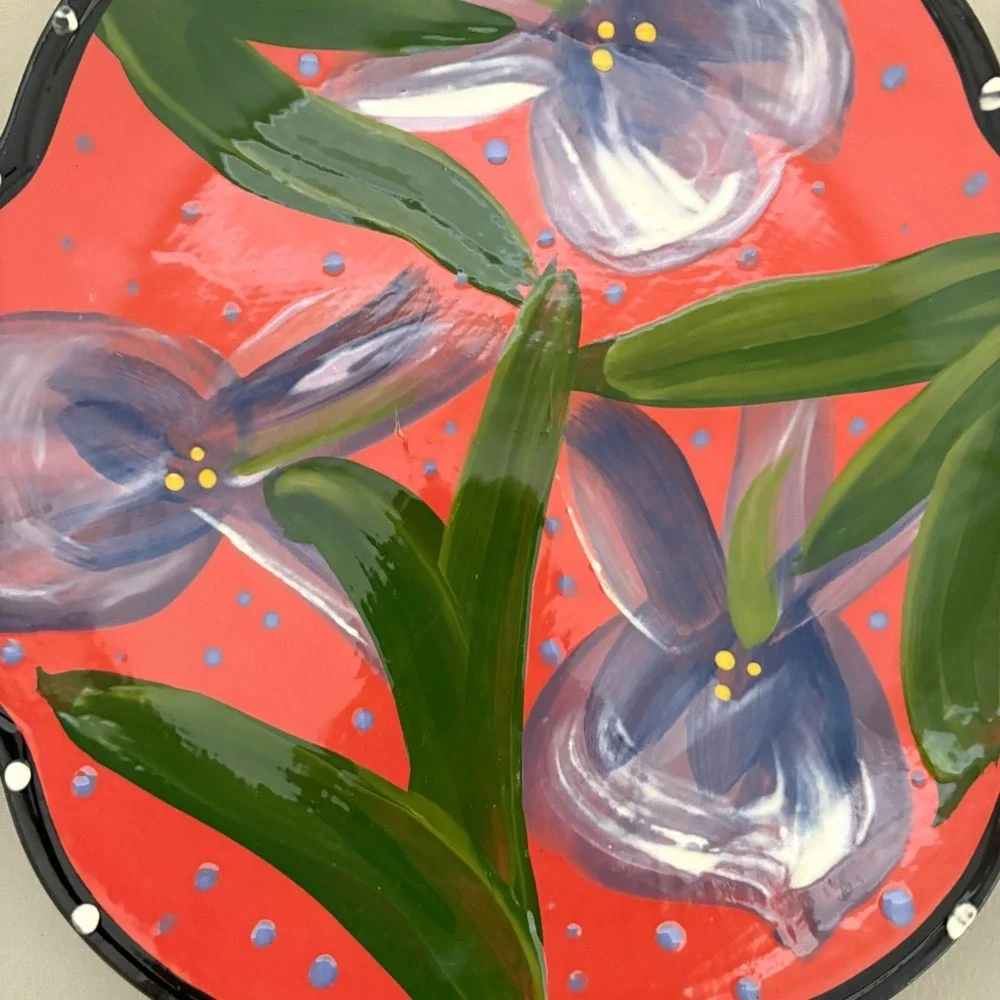 Hand Painted Ceramic Iris Plate Red Scalloped Edge Studio Pottery 11 inch